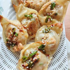 Chicken & Shrimp Potstickers on a decorative rectangle plate
