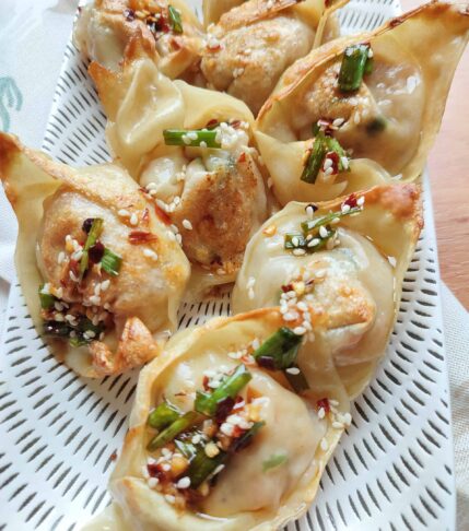 Chicken & Shrimp Potstickers on a decorative rectangle plate