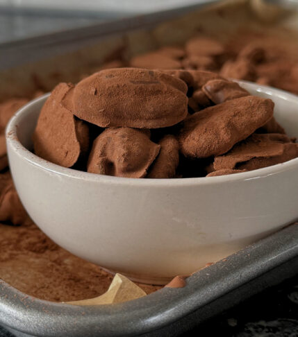 A full bowl of Pecan Truffles on a tray full of remaining Pecan Truffles